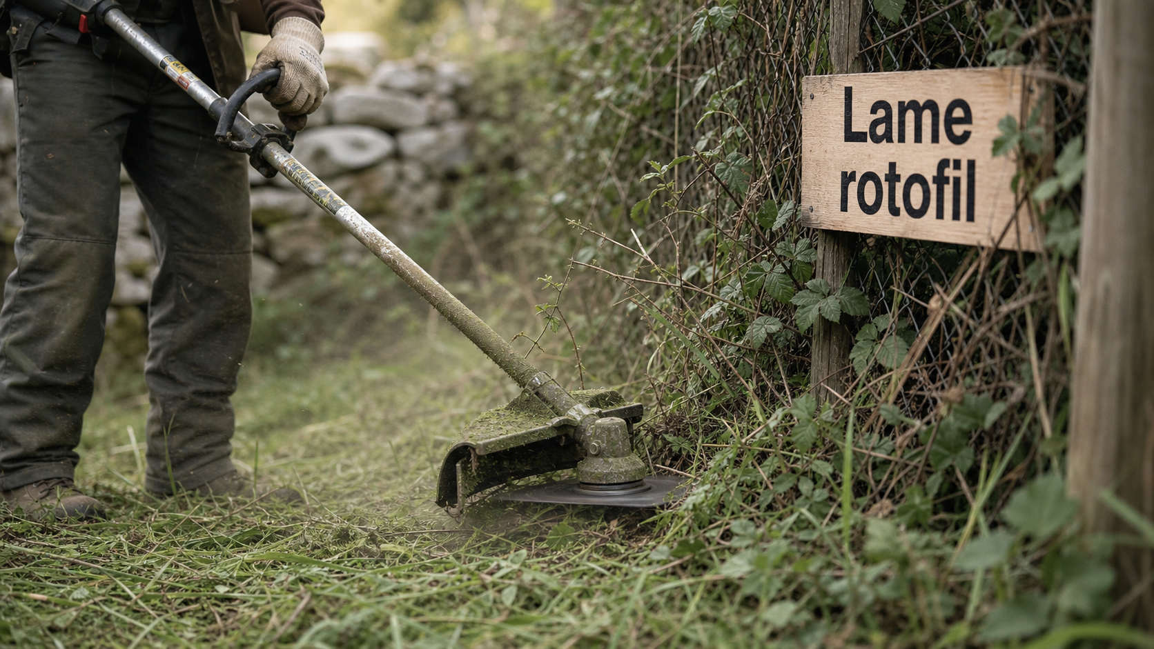 Rotofil a lame en action sur ronces et bordure de clôture