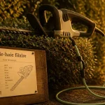 Taille haie electrique filaire sur clôture végétale en golden hour