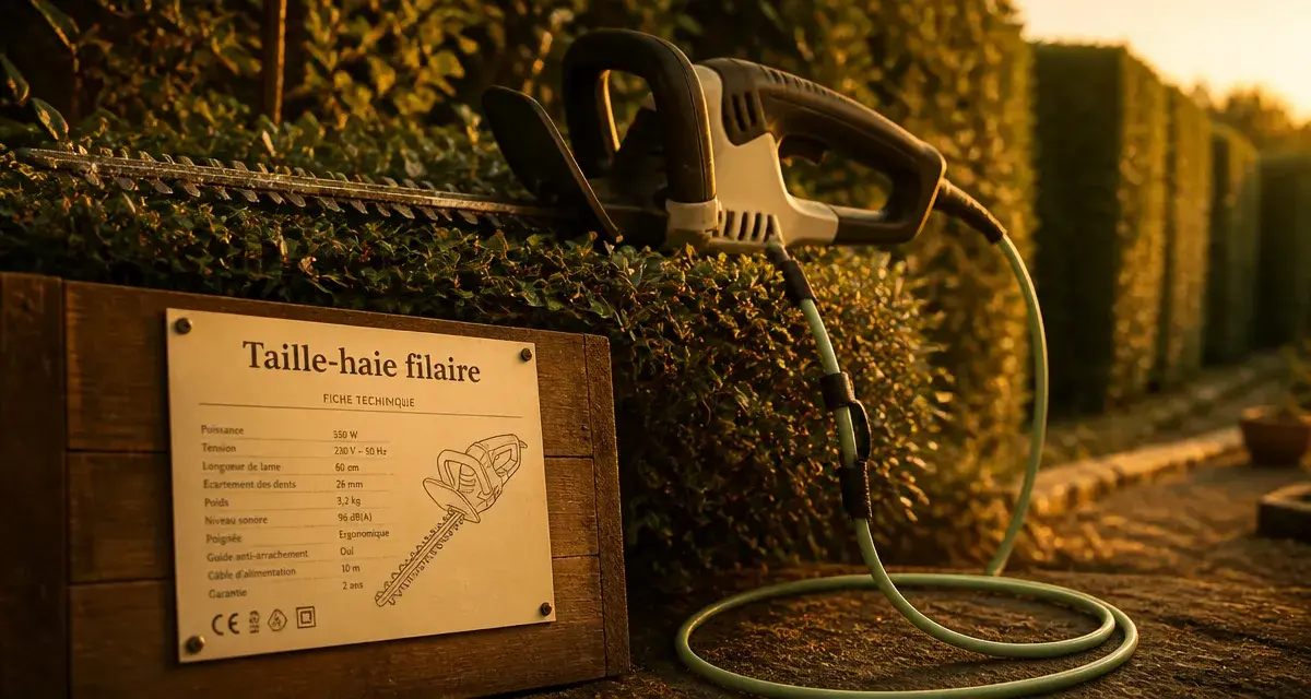 Taille haie electrique filaire sur clôture végétale en golden hour