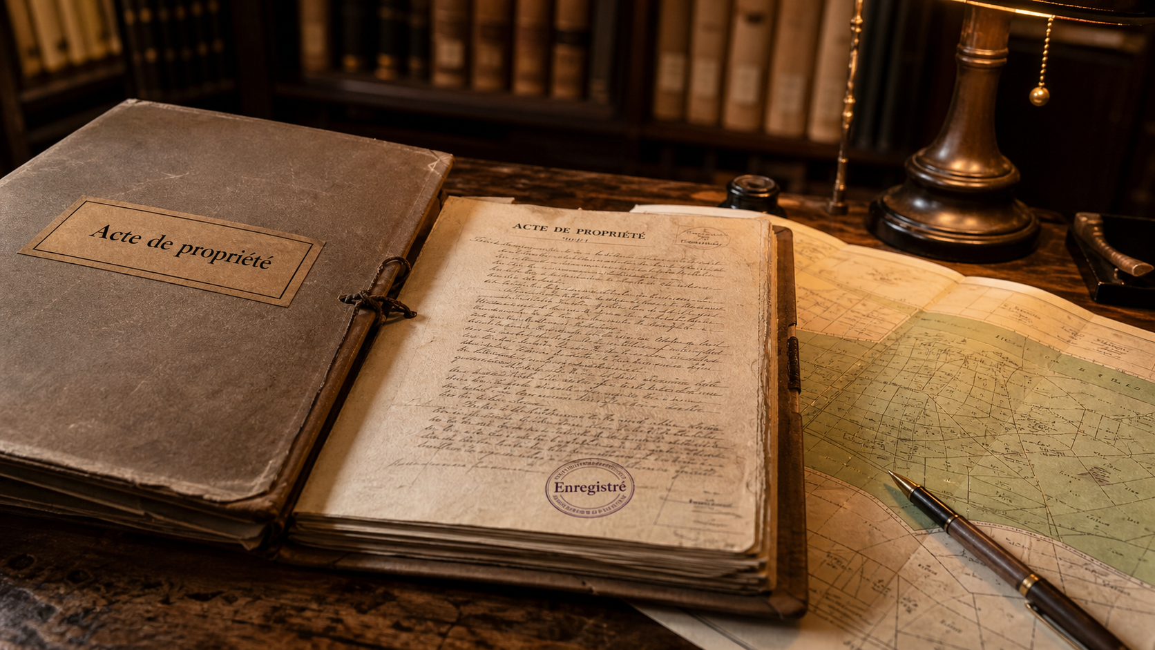 Acte de propriété maison : dossier notarial sur table