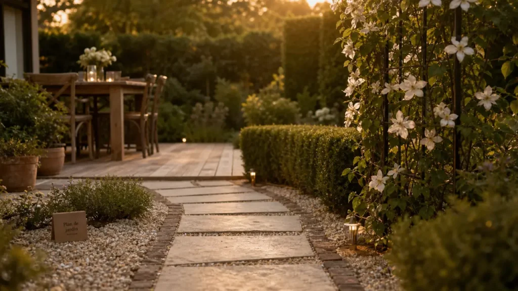 Aménagement des jardins : allée pas japonais, treillis végétalisé et bordures