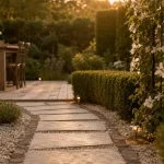 Aménagement des jardins : allée pas japonais, treillis végétalisé et bordures