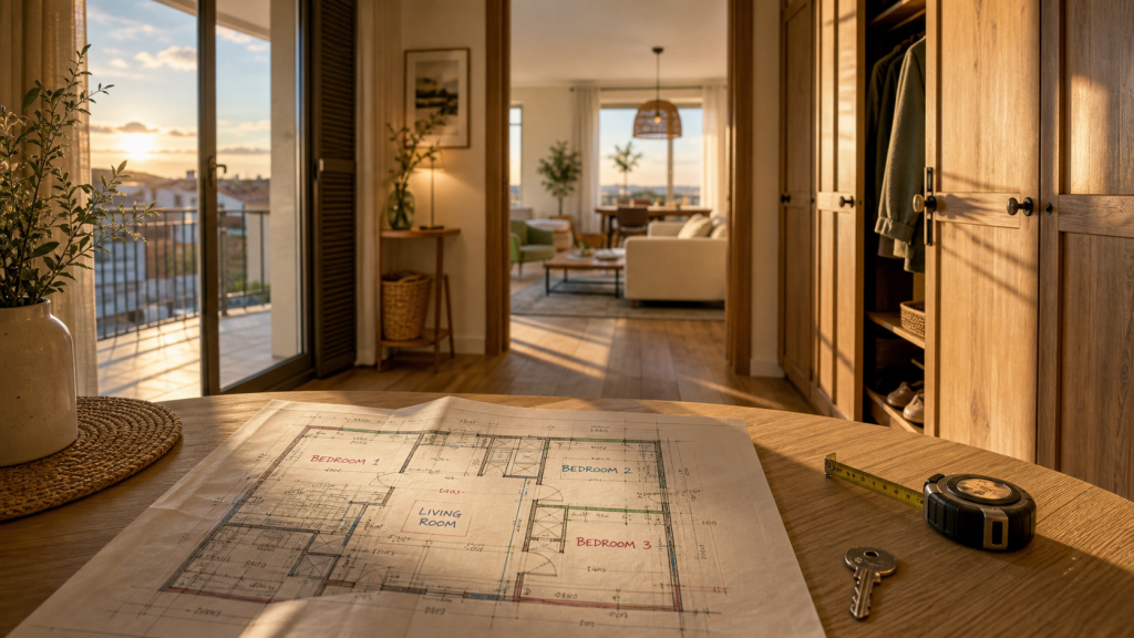 Appartement T4 avec 3 chambres : plan, mètre ruban et points à vérifier