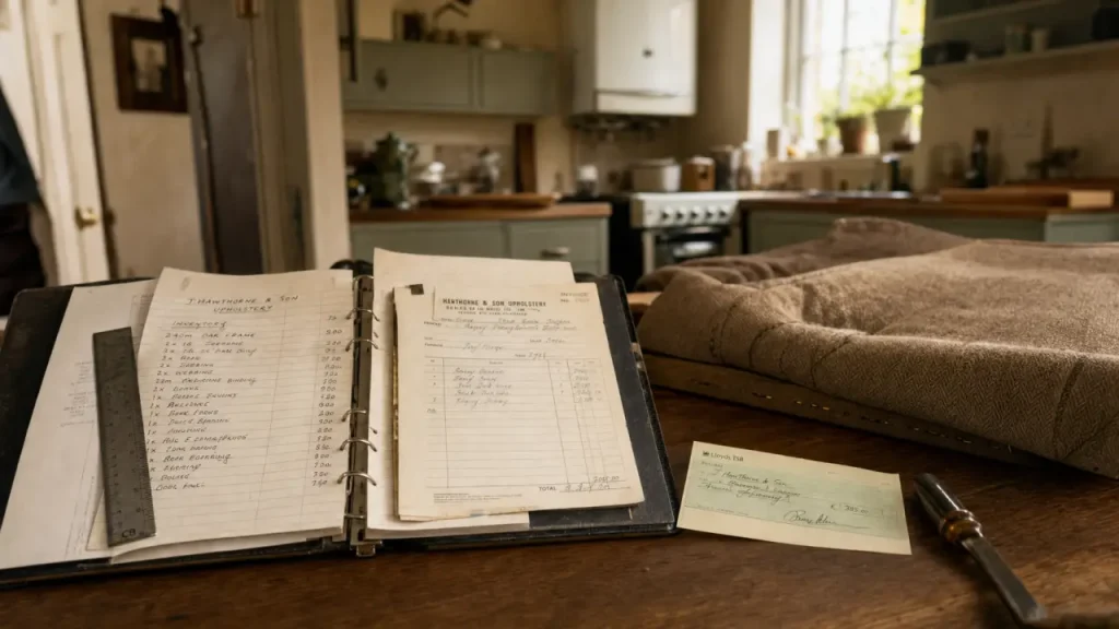 Bien mobilier ou immobilier : inventaire manuscrit, factures et chèque