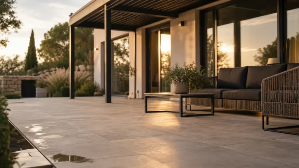 Carrelage terrasse moderne effet béton mat sur plots, R11