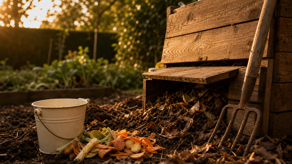 Composteur jardin 300 L en bois, trappe entrouverte et épluchures