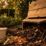 Composteur jardin 300 L en bois, trappe entrouverte et épluchures