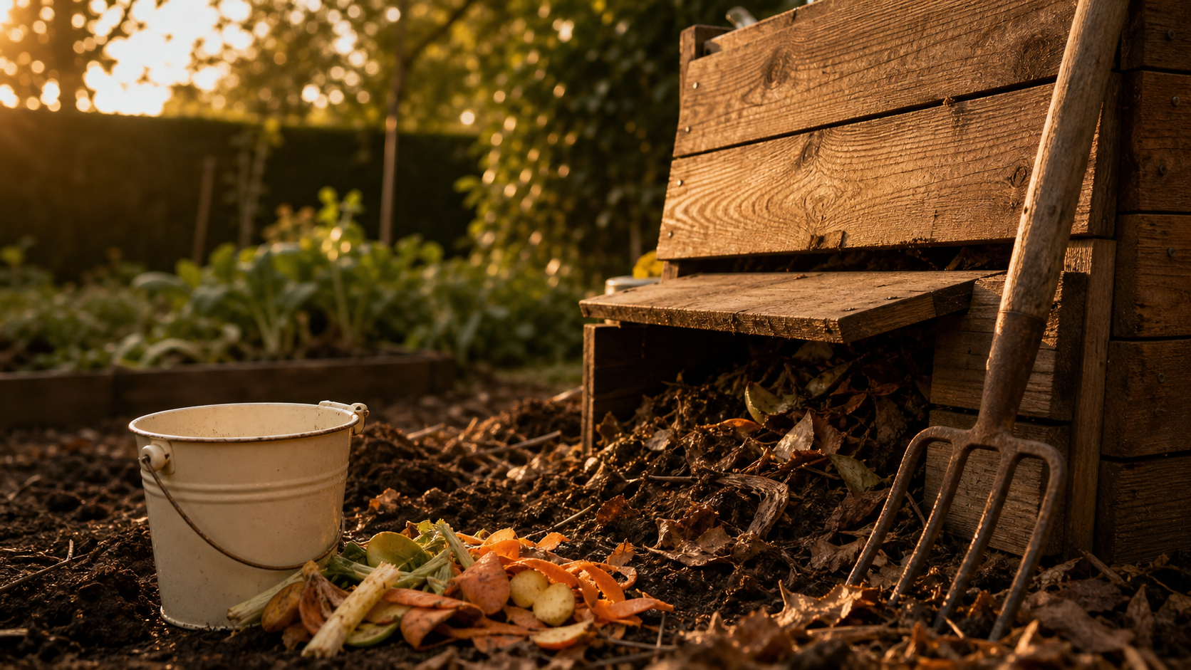 Composteur jardin 300 L en bois, trappe entrouverte et épluchures