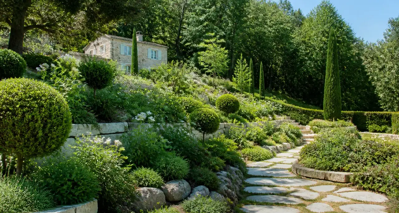 Jardin en coteau avec massifs structurés et maison en pierre