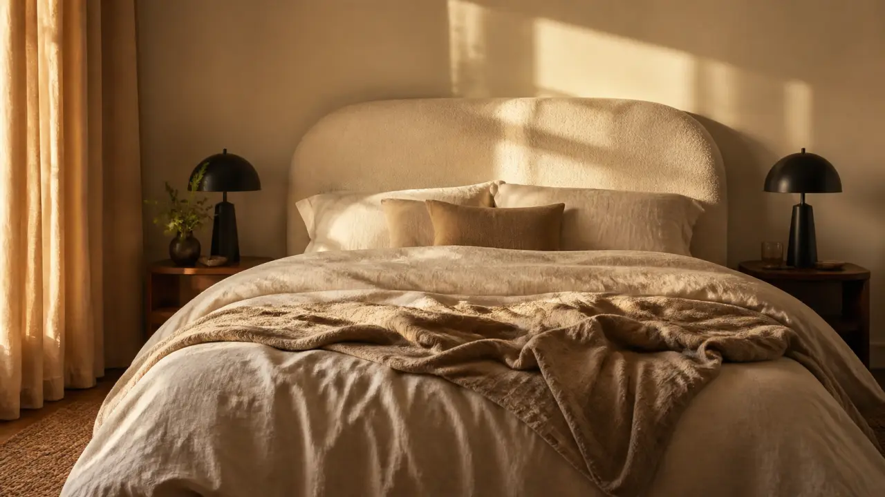Déco chambre adulte chic : tête de lit textile, lumière douce et tons neutres