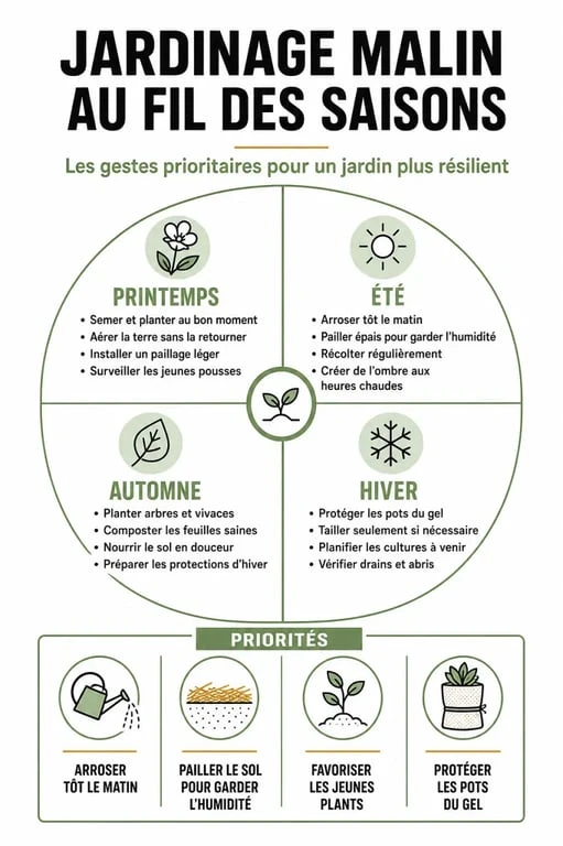 Infographie sur jardiner malin avec les gestes à faire selon les saisons
