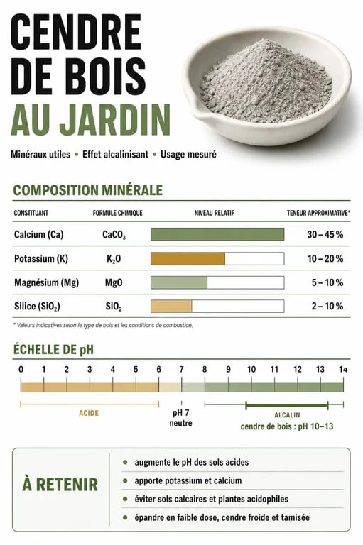Infographie sur les bienfaits et la composition minérale de la cendre de bois pour le jardin