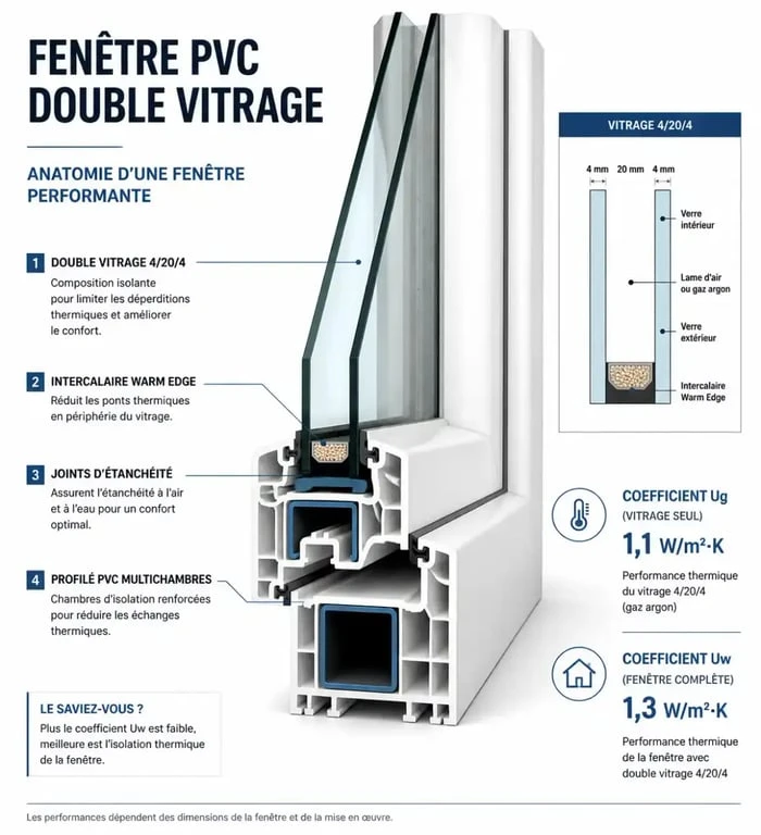 Schéma technique d'une fenêtre double vitrage PVC montrant la structure isolante et les performances thermiques