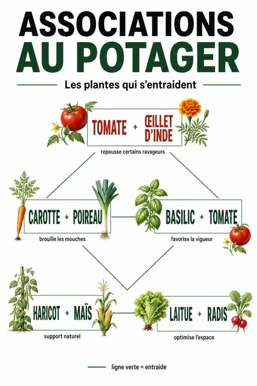 Infographie sur les associations bénéfiques au potager pour réussir mon jardin potager