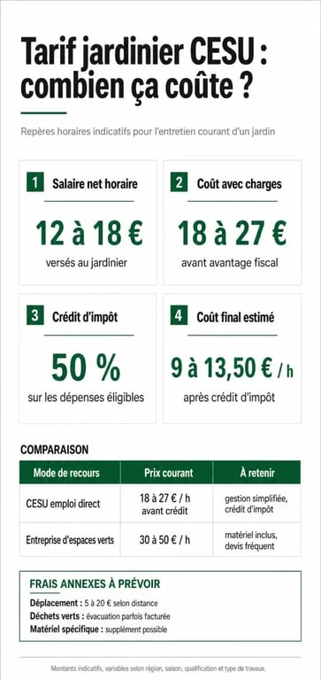 Infographie sur le tarif jardinier CESU avec comparaison des prix, charges et crédit d'impôt