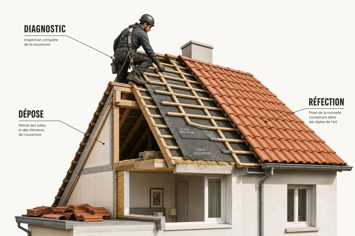 Toiture à refaire : illustration éditoriale d’un chantier de réfection avec couvreur et charpente visible