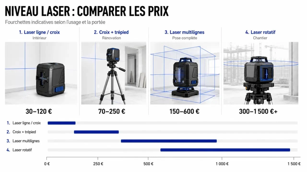 Niveau laser prix : comparaison visuelle des fourchettes de prix selon le type d’appareil