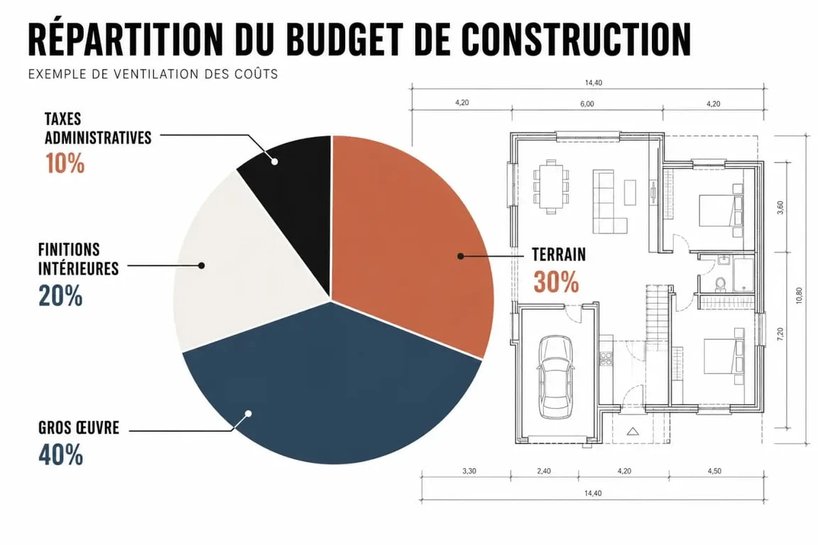 Répartition du coût de construction d'une maison individuelle : budget foncier, gros œuvre, finitions et frais annexes.