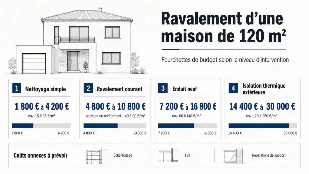 Prix ravalement façade maison 120m2 : comparaison visuelle des coûts selon la technique