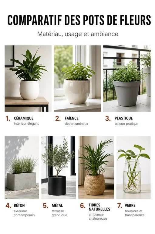 Comparaison de pot de fleurs en céramique, plastique, béton et autres matériaux