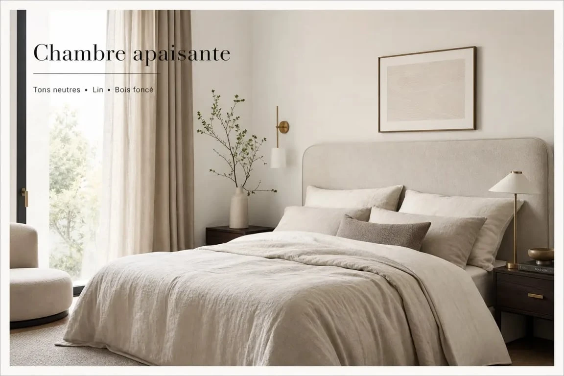 Déco chambre adulte chic dans une chambre élégante aux tons neutres avec tête de lit textile, linge de lit en lin et éclairage doux