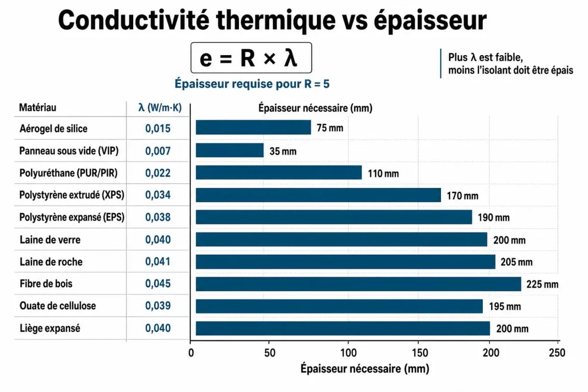 Tableau comparatif des isolants thermiques : conductivité et épaisseur pour une résistance thermique R=5