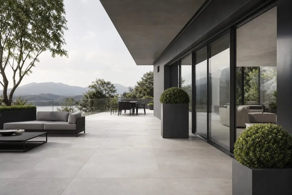 Carrelage terrasse moderne en grès cérame effet béton sur terrasse contemporaine