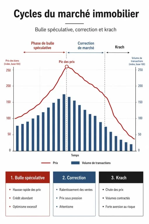 Infographie sur les cycles du marché immobilier et les risques de krach immobilier en France