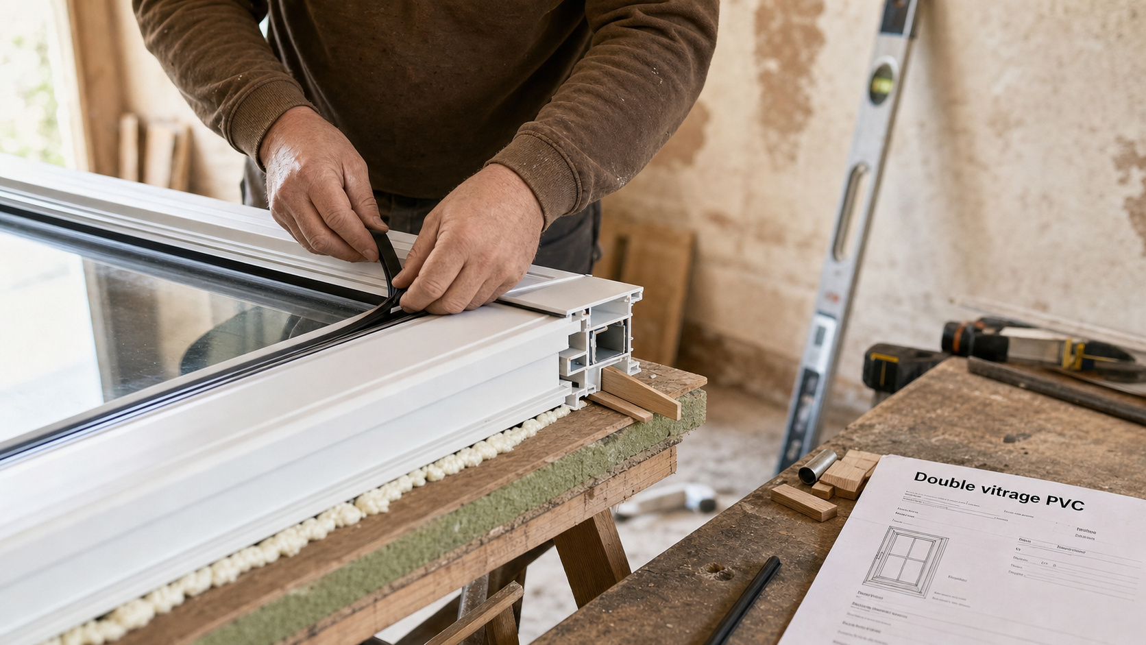 Pose de fenêtres double vitrage PVC en atelier, dormant PVC 70 mm