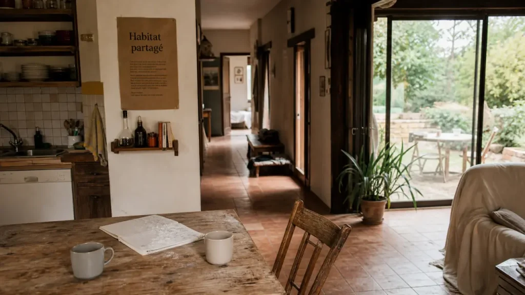 Cuisine-salon d’habitat partagé, avec chambres privées et jardin visible