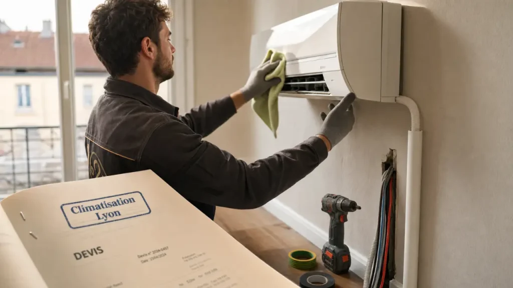 Installateur climatisation Lyon nettoyant une unité et montrant un devis pour l’entretien