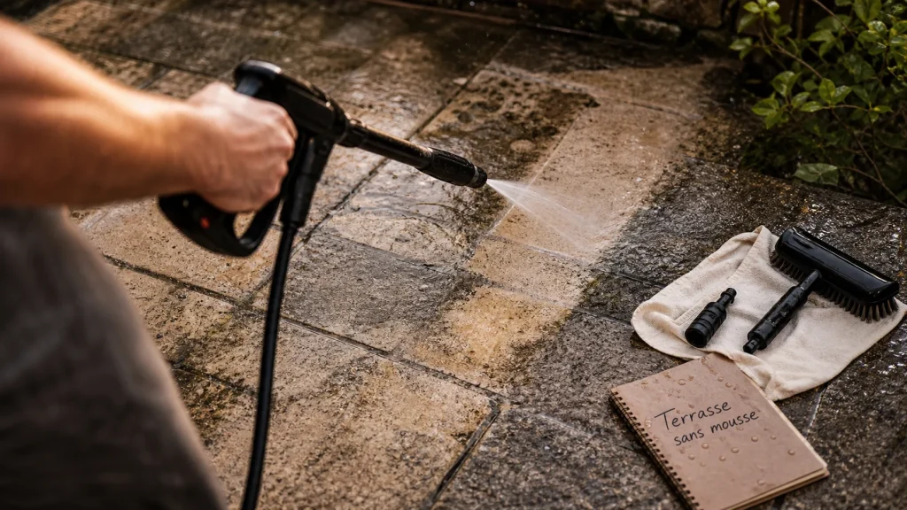 Kärcher pour nettoyer une terrasse : brosse et nettoyeur haute pression sur dalles