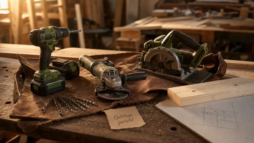 Outillage portatif : packs batteries et marques d’outillage sur établi