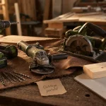 Outillage portatif : packs batteries et marques d’outillage sur établi