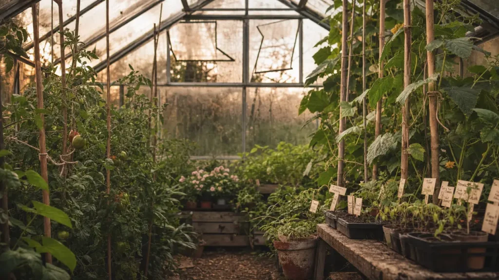 Potager serre : plants de tomates et concombres sous serre froide