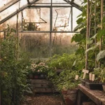 Potager serre : plants de tomates et concombres sous serre froide
