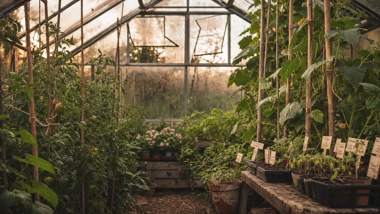 Potager serre : plants de tomates et concombres sous serre froide