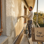 Prix crepi maison 100m2 : façadier sur échafaudage, crépi en cours
