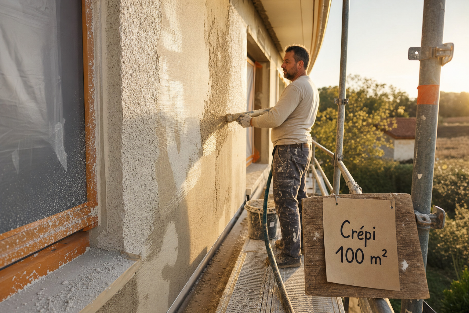 Prix crepi maison 100m2 : façadier sur échafaudage, crépi en cours