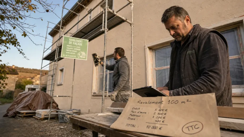 Prix ravalement façade maison 100m2 : enduit sur façade avec échafaudage
