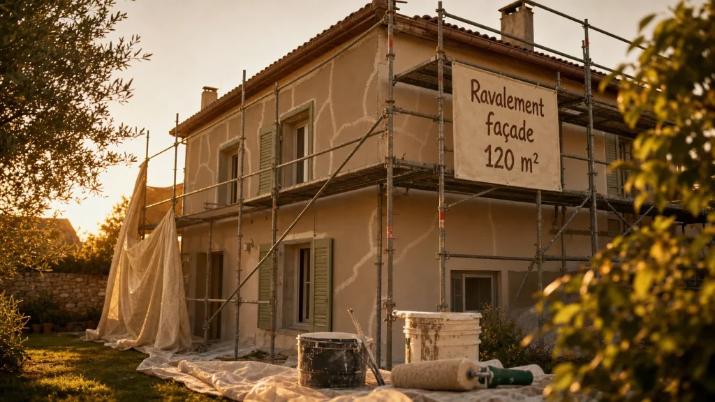 Prix ravalement façade maison 120m2 : chantier avec échafaudage et enduit neuf