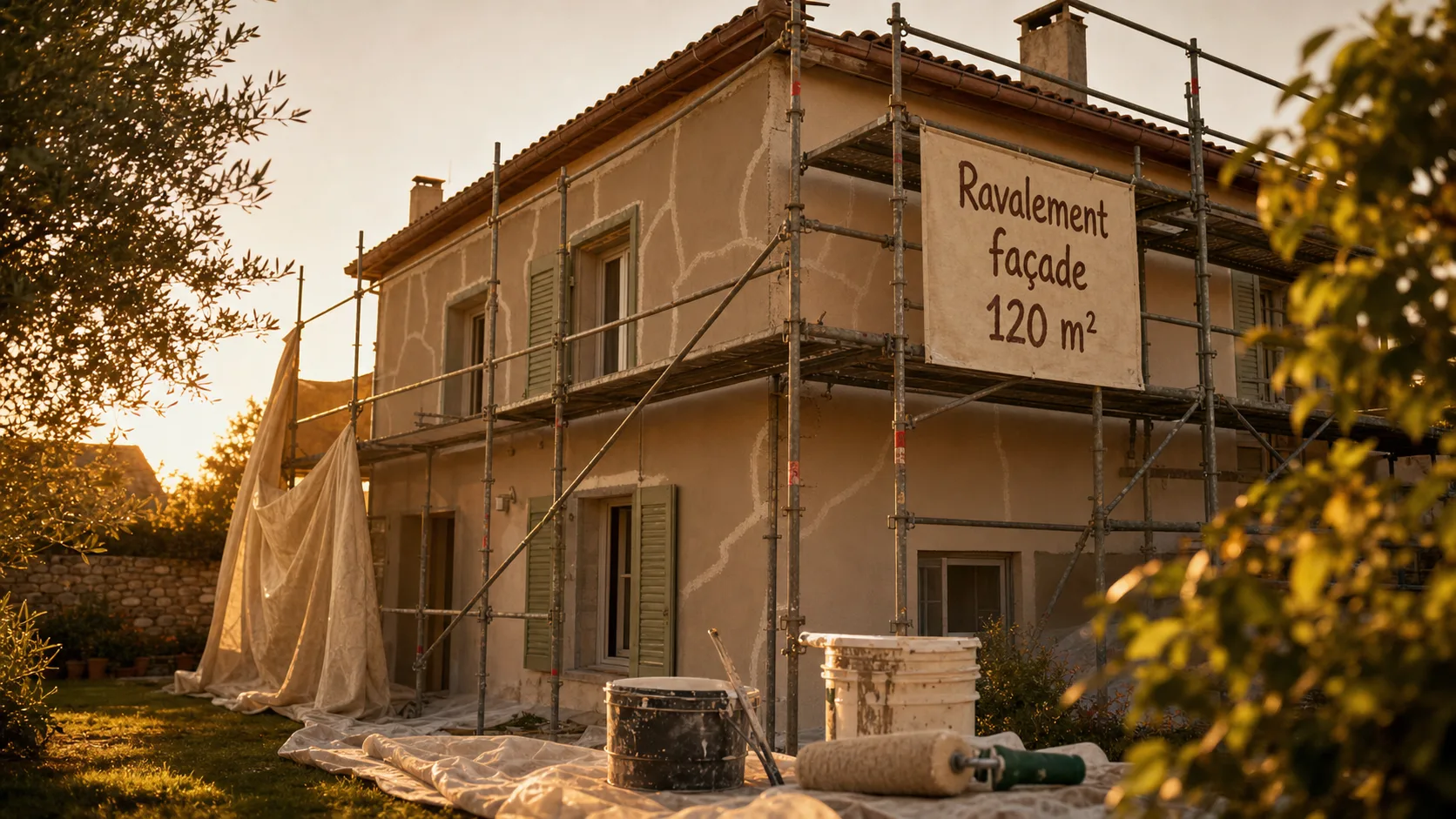 Prix ravalement façade maison 120m2 : chantier avec échafaudage et enduit neuf