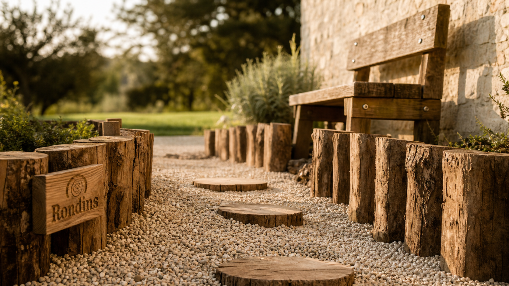 Que faire avec des rondins de bois dans le jardin : bordure et banc en bois récupéré