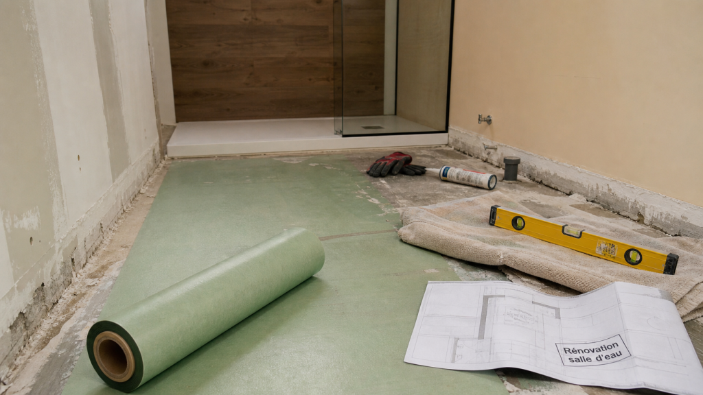 Renover une salle de bain : sol vinyle auto-adhésif en chantier