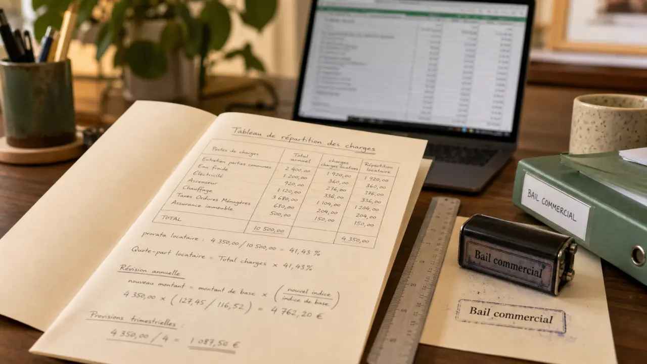 Tableau de répartition des charges bail commercial, décompte manuscrit