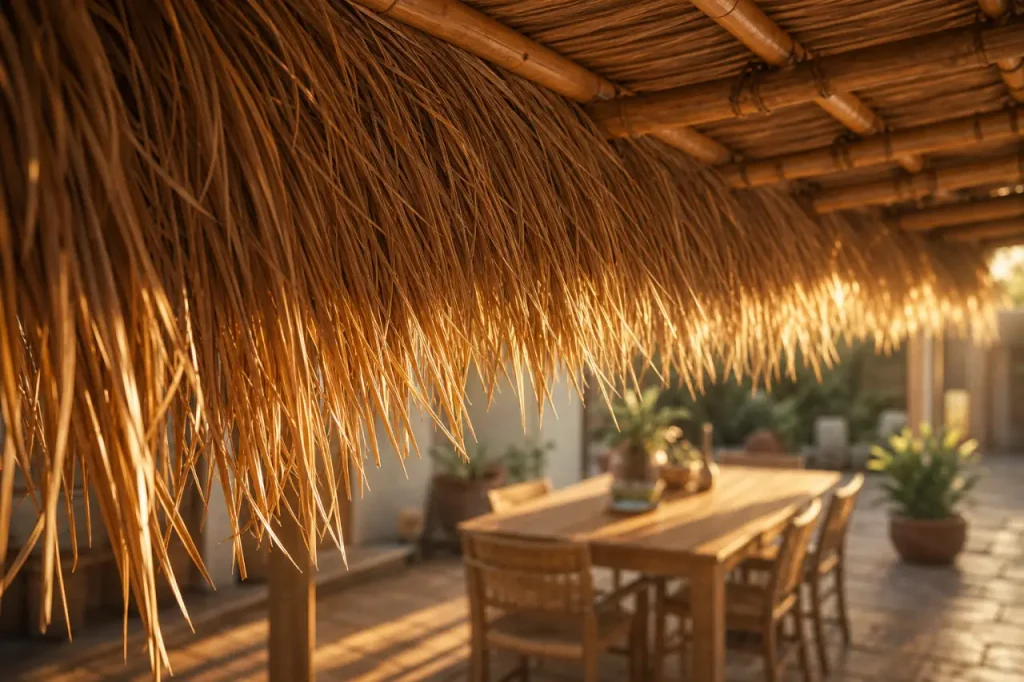 Toit en paille pour pergola en paille naturelle dorée, franges retombantes sur la terrasse