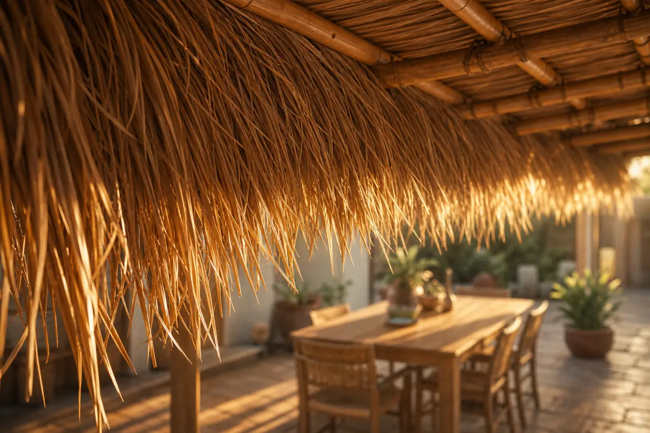 Toit en paille pour pergola en paille naturelle dorée, franges retombantes sur la terrasse