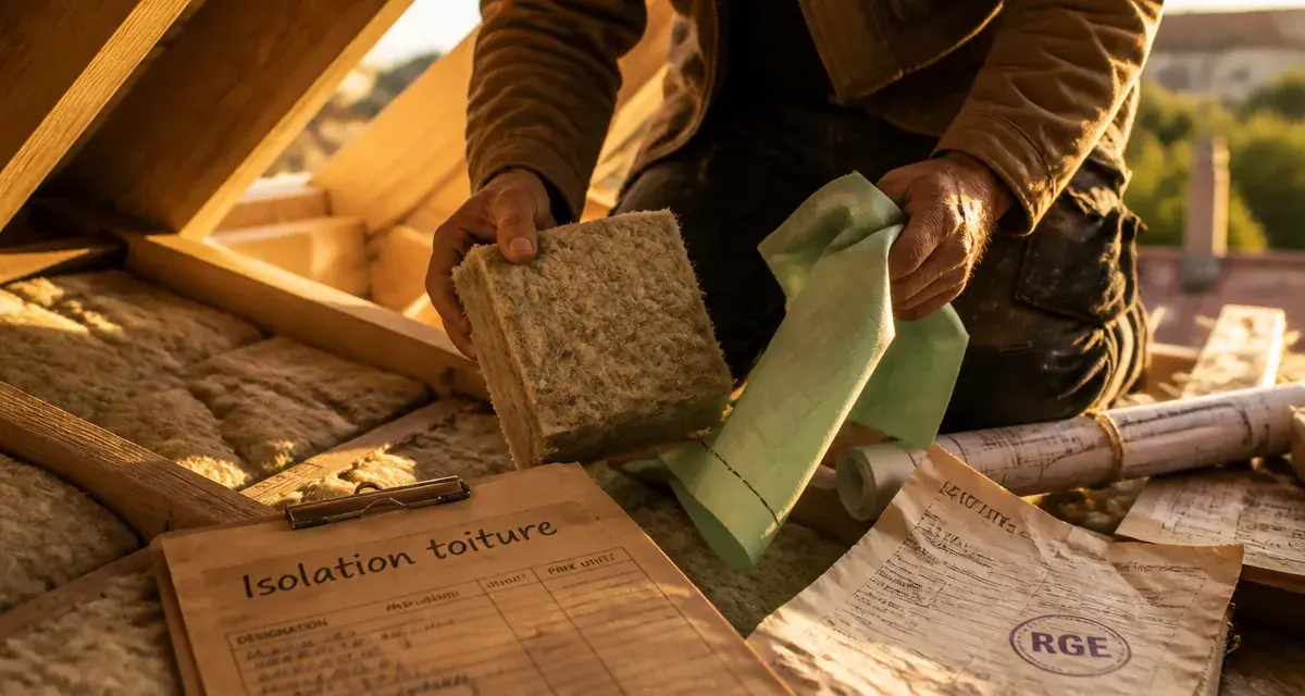 Aide isolation toiture : artisan installe laine minérale biosourcée sous toiture