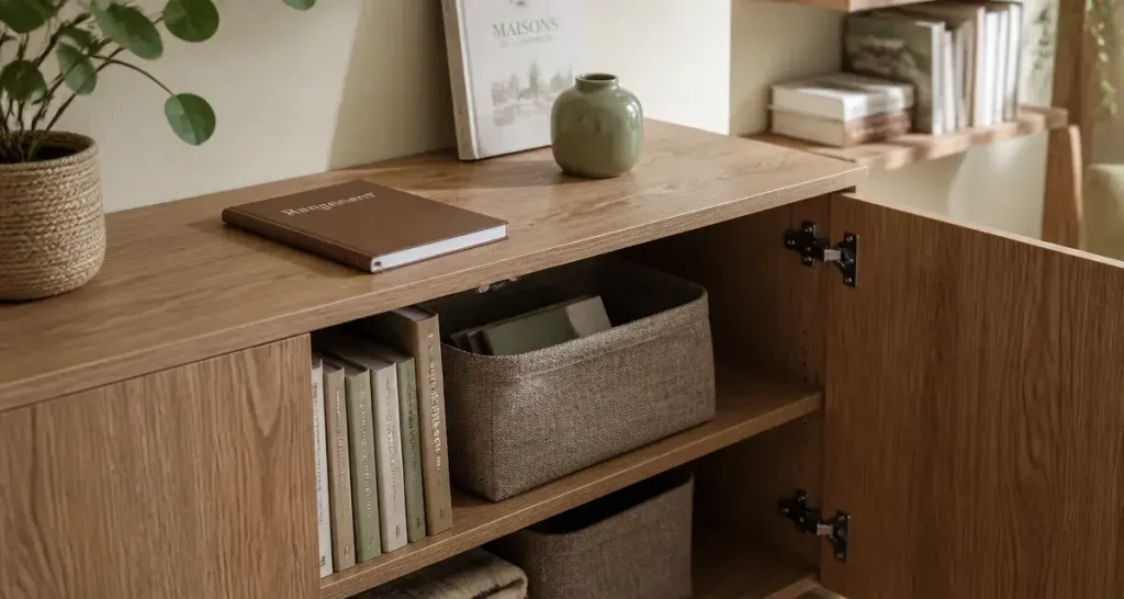 Cdiscount meuble de rangement MDF chêne, rangement et optimisation espace en salon lumineux