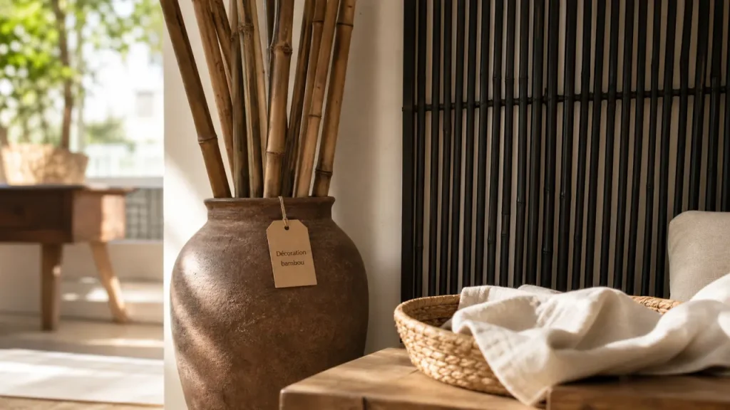 Décoration bambou intérieur naturelle, vase et cannes de bambou